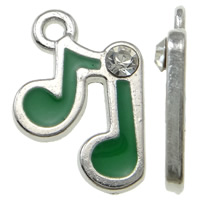 Pingentes de esmalte de liga de zinco, nota musical, cromado de cor platina, com strass, verde, níquel, chumbo e cádmio livre, 12x18x2.50mm, Buraco:Aprox 1.5mm, 50PCs/Bag, vendido por Bag