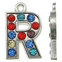 Zinklegering alfabet hangers, Zinc Alloy, Letter R, platinum plated, met strass, gemengde kleuren, nikkel, lood en cadmium vrij, 11x17.50x2mm, Gat:Ca 1.5mm, 50pC's/Bag, Verkocht door Bag