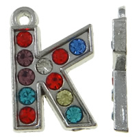 Zinc Alloy Alfabet Pendler, Letter K, platin farve forgyldt, med rhinestone, blandede farver, nikkel, bly & cadmium fri, 11.50x17.50x2mm, Hole:Ca. 1.5mm, 50pc'er/Bag, Solgt af Bag