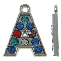 Pendentif alphabet en zinc, alliage de zinc, Lettre A, Placage de couleur platine, avec strass, couleurs mélangées, protéger l'environnement, sans nickel, plomb et cadmium, 13x17x2mm, Trou:Environ 1.5mm, 50PC/sac, Vendu par sac