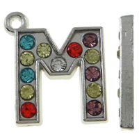 Zinc Alloy Alfabet Pendler, Letter M, platin farve forgyldt, med rhinestone, blandede farver, nikkel, bly & cadmium fri, 15x17.50x2mm, Hole:Ca. 1.5mm, 50pc'er/Bag, Solgt af Bag