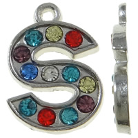 Pendenti in lega di zinco ad Alfabeto, lega in zinco, Lettera S, placcato color platino, con strass, colori misti, assenza di nichel,piombo&cadmio, 13x18x2mm, Foro:Appross. 1.5mm, 50PC/borsa, Venduto da borsa