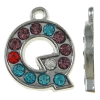 Pendentif alphabet en zinc, alliage de zinc, Lettre Q, Placage de couleur platine, avec strass, couleurs mélangées, protéger l'environnement, sans nickel, plomb et cadmium, 14x17x2mm, Trou:Environ 1.5mm, 50PC/sac, Vendu par sac