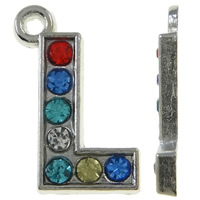 Zinklegierung Buchstaben Anhänger, Buchstabe L, Platinfarbe platiniert, mit Strass, gemischte Farben, frei von Nickel, Blei & Kadmium, 9x17x2mm, Bohrung:ca. 1.5mm, 50PCs/Tasche, verkauft von Tasche