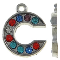 Zinc Alloy Alfabet Pendler, Letter C, platin farve forgyldt, med rhinestone, blandede farver, nikkel, bly & cadmium fri, 14x17x2mm, Hole:Ca. 1.5mm, 50pc'er/Bag, Solgt af Bag