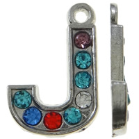 Pendentif alphabet en zinc, alliage de zinc, Lettre J, Placage de couleur platine, avec strass, couleurs mélangées, protéger l'environnement, sans nickel, plomb et cadmium, 12x17x2mm, Trou:Environ 1.5mm, 50PC/sac, Vendu par sac