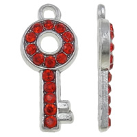 Cink ötvözet Key Medálok, Kulcs, platina színű bevont, strasszos, piros, nikkel, ólom és kadmium mentes, 8x18.50x2mm, Lyuk:Kb 1.5mm, 100PC-k/Bag, Által értékesített Bag