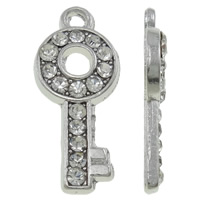 Zinc Alloy Key Pendler, Nøgle, platin farve forgyldt, med rhinestone, hvid, nikkel, bly & cadmium fri, 8x18.50x2mm, Hole:Ca. 1.5mm, 100pc'er/Bag, Solgt af Bag