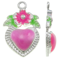 Pendentifs coeur en alliage de zinc, Placage de couleur argentée, émail, rose, protéger l'environnement, sans nickel, plomb et cadmium, 11x17x3.50mm, Trou:Environ 1.5mm, 100PC/sac, Vendu par sac