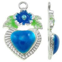 Pendentifs coeur en alliage de zinc, Placage de couleur argentée, émail, bleu, protéger l'environnement, sans nickel, plomb et cadmium, 11x17x3.50mm, Trou:Environ 1.5mm, 100PC/sac, Vendu par sac