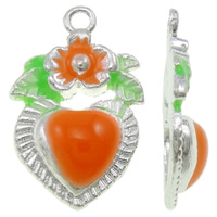 Pendentifs coeur en alliage de zinc, Placage de couleur argentée, émail, orange, protéger l'environnement, sans nickel, plomb et cadmium, 11x17x3.50mm, Trou:Environ 1.5mm, 100PC/sac, Vendu par sac