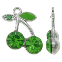 Zinklegering fruit hangers, Zinc Alloy, Kers, platinum plated, glazuur & met strass, groen, nikkel, lood en cadmium vrij, 13x18x5mm, Gat:Ca 1.5mm, 100pC's/Bag, Verkocht door Bag