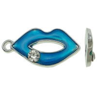 Zinc Alloy Lip Pendler, platin farve forgyldt, emalje & med rhinestone, blå, nikkel, bly & cadmium fri, 12x24x2.50mm, Hole:Ca. 1.5mm, 100pc'er/Bag, Solgt af Bag