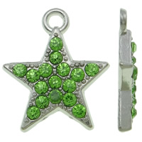 Zink Alloy Star Pendant, platina pläterad, med strass, grön, nickel, bly och kadmium gratis, 16x18.50x3mm, Hål:Ca 2mm, 100PC/Bag, Säljs av Bag