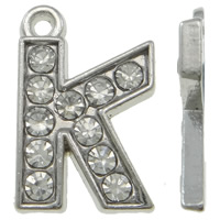 Zinc Alloy Alfabet Pendler, Letter K, platin farve forgyldt, med rhinestone, nikkel, bly & cadmium fri, 12x17x2mm, Hole:Ca. 1mm, 100pc'er/Bag, Solgt af Bag