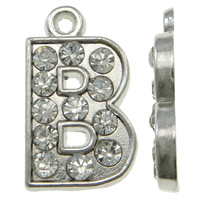 Pendentif alphabet en zinc, alliage de zinc, Lettre B, Placage de couleur platine, avec strass, protéger l'environnement, sans nickel, plomb et cadmium, 10x17.50x2mm, Trou:Environ 1mm, 100PC/sac, Vendu par sac