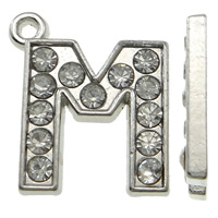 Zinc Alloy Alfabet Pendler, Letter M, platin farve forgyldt, med rhinestone, nikkel, bly & cadmium fri, 19x23x2mm, Hole:Ca. 1mm, 100pc'er/Bag, Solgt af Bag