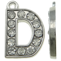 Sinkkiseos Alphabet riipukset, Kirjain D, platina väri päällystetty, tekojalokivi, nikkeli, lyijy ja kadmium vapaa, 12x18x2mm, Reikä:N. 1mm, 100PC/laukku, Myymät laukku