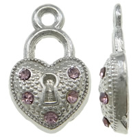 Pendants Sinc Alloy Lock, dath platanam plátáilte, le rhinestone, nicil, luaidhe & caidmiam saor in aisce, 11x17x3.50mm, Poll:Thart 1.5mm, 100ríomhairí pearsanta/Mála, Díolta De réir Mála