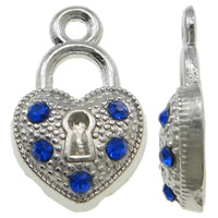 Sinc Alloy Croí Pendants, Lock, dath platanam plátáilte, le rhinestone, nicil, luaidhe & caidmiam saor in aisce, 11x17x3.50mm, Poll:Thart 1.5mm, 100ríomhairí pearsanta/Mála, Díolta De réir Mála