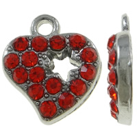 Ciondoli a cuore in lega di zinco, lega in zinco, placcato color platino, con strass, rosso, assenza di nichel,piombo&cadmio, 13x14x3mm, Foro:Appross. 1mm, 100PC/borsa, Venduto da borsa