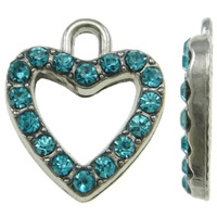 Pendentifs coeur en alliage de zinc, Placage de couleur platine, avec strass, bleu, protéger l'environnement, sans nickel, plomb et cadmium, 13x15x2mm, Trou:Environ 2mm, 100PC/sac, Vendu par sac