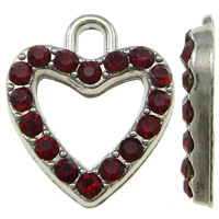 Ciondoli a cuore in lega di zinco, lega in zinco, placcato color platino, con strass, rosso scuro, assenza di nichel,piombo&cadmio, 13x15x2mm, Foro:Appross. 2mm, 100PC/borsa, Venduto da borsa