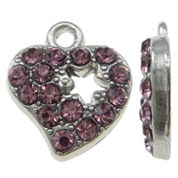 Pendentifs coeur en alliage de zinc, Placage de couleur platine, avec strass, rose, protéger l'environnement, sans nickel, plomb et cadmium, 12.50x14x3mm, Trou:Environ 1mm, 100PC/sac, Vendu par sac