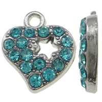 Pendentifs coeur en alliage de zinc, Placage de couleur platine, avec strass, bleu, protéger l'environnement, sans nickel, plomb et cadmium, 12.50x14x3mm, Trou:Environ 1mm, 100PC/sac, Vendu par sac