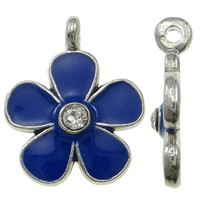 Pendentifs fleurs en alliage de zinc, Placage de couleur platine, émail & avec strass, bleu, protéger l'environnement, sans nickel, plomb et cadmium, 15x18x3mm, Trou:Environ 1mm, 100PC/sac, Vendu par sac