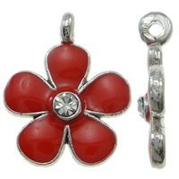 Sinc Alloy Flower Pendants, dath platanam plátáilte, cruan & le rhinestone, dearg, nicil, luaidhe & caidmiam saor in aisce, 15x18x3mm, Poll:Thart 1mm, 100ríomhairí pearsanta/Mála, Díolta De réir Mála