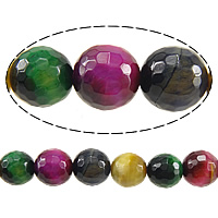 Perles oeil de tigre, Rond, facettes, couleurs mélangées, 12mm, Trou:Environ 1.2mm, Longueur Environ 15 pouce, 2Strandstoron/lot, Environ 32PC/brin, Vendu par lot