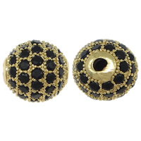 Perles bijoux en laiton, Rond, Placage de couleur d'or, pavé de micro zircon, protéger l'environnement, sans nickel, plomb et cadmium, 10x10x10mm, Trou:Environ 2mm, 10PC/lot, Vendu par lot