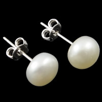 perle d'eau douce cultivée boucle d oreille dormeuse, laiton puce boucle d'oreille, pomme de terre, naturel, blanc, 8x6.5mm, Vendu par paire