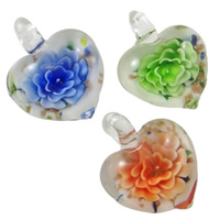 Belső Flower Lampwork Medálok, Szív, kézi, arany homok & belső virág, kevert színek, 30x39x16mm, Lyuk:Kb 6mm, 12PC-k/Box, Által értékesített Box