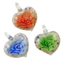 Inner Flower Lampwork Hangers, Hart, handgemaakt, goud zand & binnenbloem, gemengde kleuren, uff0836-38uff09*uff0846-48uff09, Gat:Ca 7x8mm, 12pC's/box, Verkocht door box