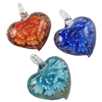 Inner Flower Lampwork Hangers, Hart, handgemaakt, goud zand & binnenbloem, gemengde kleuren, 38x45x12mm, Gat:Ca 8mm, 12pC's/box, Verkocht door box