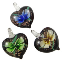 Inner Flower Lampwork Hangers, Hart, handgemaakt, goud zand & binnenbloem, gemengde kleuren, 31x40x16mm, Gat:Ca 6mm, 12pC's/box, Verkocht door box