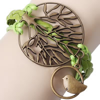 Combinatie armbanden, PU, met Wax Koord & Zinc Alloy, Tree of Life, antiek brons plated, 3-streng, groen, nikkel, lood en cadmium vrij, 60mm, Lengte Ca 7.5 inch, 12strengen/Lot, Verkocht door Lot