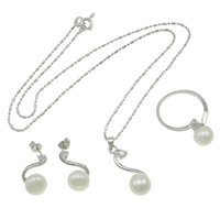 Natural Gekweekte Zoetwater Parel Sieraden Sets, vinger ring & oorbel & halsketting, met Bergkristal & Messing, messing grijpende gesp, messing oorbel bericht, platinum plated, 11x28.5x9mm, 20x27.5x12mm, 10x17x8.5mm, Maat:6.5, Lengte 16.5 inch, Verkocht door Stel