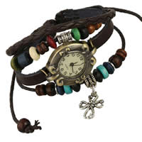 Montre bracelet de femmes, cuir de peau de vache, avec cadran en alliage de zinc & Cordon de cire & bois, Placage, 4 brins, multicolore, protéger l'environnement, sans nickel, plomb et cadmium, 20-30mm, Longueur Environ 7.5 pouce, 10Strandstoron/sac, Vendu par sac