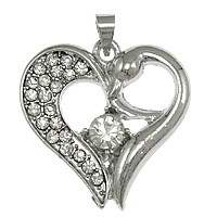 Zinc Alloy Heart Pendler, platin farve forgyldt, med rhinestone, nikkel, bly & cadmium fri, 25x26x4mm, Hole:Ca. 4x3mm, 100pc'er/Lot, Solgt af Lot