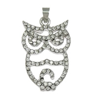 Zink Alloy Animal Hängen, Owl, platina pläterad, med strass, nickel, bly och kadmium gratis, 19x29x3mm, Hål:Ca 4x3mm, 50PC/Lot, Säljs av Lot