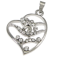 Pendentifs coeur en alliage de zinc, Placage de couleur platine, avec strass, protéger l'environnement, sans nickel, plomb et cadmium, 19x26x4mm, Trou:Environ 4x3mm, 100PC/lot, Vendu par lot