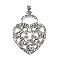 Pendentifs coeur en alliage de zinc, Placage de couleur platine, avec strass & creux, protéger l'environnement, sans nickel, plomb et cadmium, 24x35x3mm, Trou:Environ 4x3mm, 50PC/lot, Vendu par lot