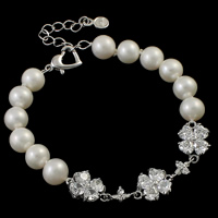 Sötvatten odlade Pearl Bracelet, Freshwater Pearl, mässing Karbinlås, med 5cm extender kedja, Potatis, naturlig, med cubic zirconia, vit, 8-9mm, 12x60x4mm, Såld Per Ca 7.5 inch Strand