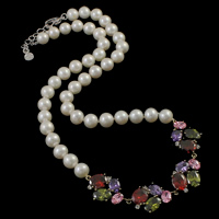 Diúilicín Péarla muince Nádúrtha, Pearl Fionnuisce, práis clasp gliomach, le 5cm slabhra extender, Prátaí, le zirconia ciúbach, bán, 8-9mm, 18x96x5mm, Díolta Per Thart 16.5 Inse Snáithe