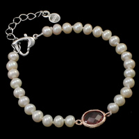 Fionnuisce saothraithe Pearl Bracelet, Pearl Fionnuisce, le Gloine, práis clasp gliomach, le 5cm slabhra extender, Prátaí, nádúrtha, bán, 5-6mm, 10x17x3mm, Díolta Per Thart 7.5 Inse Snáithe