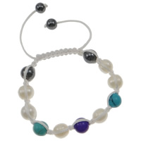 perle d'eau douce cultivée bracelet de Woven Ball, avec Cordon de cire & hématite non magnétique & turquoise synthétique, naturel, 10mm, Longueur Environ 7.5 pouce, 5Strandstoron/sac, Vendu par sac