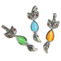 Sinc Alloy Pendants Ainmhithe, le Cait Eye, Fox, dath airgid antique plátáilte, le rhinestone, dathanna níos mó le haghaidh rogha, nicil, luaidhe & caidmiam saor in aisce, 13x40x4mm, Poll:Thart 4x6mm, 100ríomhairí pearsanta/Lot, Díolta De réir Lot